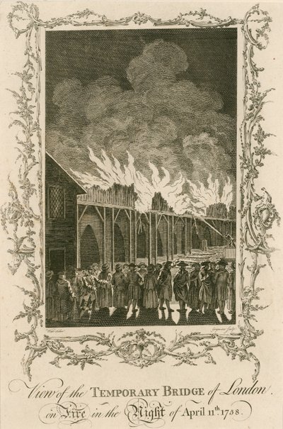 Kilátás az 1758. április 11-én éjszaka lángokban álló londoni ideiglenes hídra alkotó: English School
