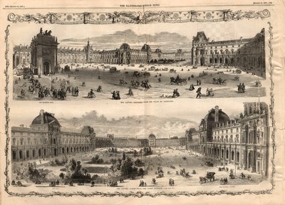 Kilátás a Cour Carree du Louvre-ra Párizsban. Metszet az 1857. augusztus 15-i „The illustrated London News”-ban. alkotó: English School