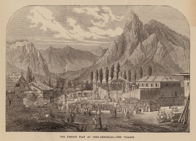 Oberammergau falu, Bajorország, az évente megrendezett passiójáték helyszíne (metszet) alkotó: English School