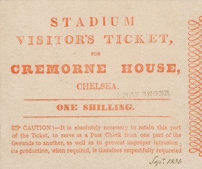 Látogatói jegy a londoni Cremorne House Stadionba, 1836. szeptember alkotó: English School