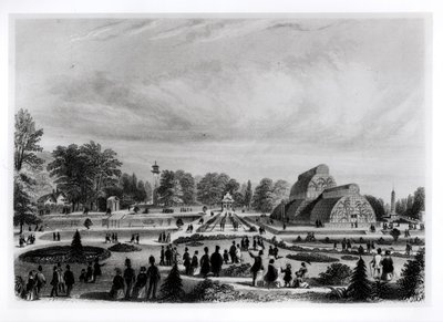 Látogatók, akik megtekintik a pálmaházat a Kew-palotában, 1860 körül alkotó: English School