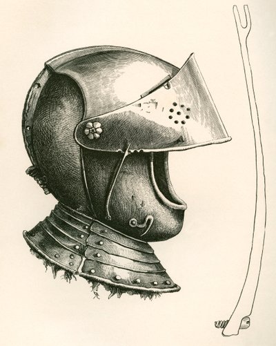 Visored sisak 1643 körül. Az oldalsó darab a teljes méretű védőrács, amely a használt bevágástól függően különböző szögekben tartja a szemellenzőt. alkotó: English School