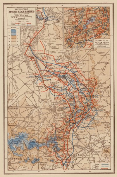 1. világháború: Nyugati front, Ypres és Messines (színes litográfia) alkotó: English School