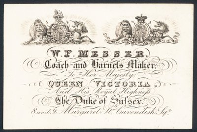 W F Messer, edző és hámgyártó őfelségének Viktória királynőnek és Sussex hercegének, kártya alkotó: English School