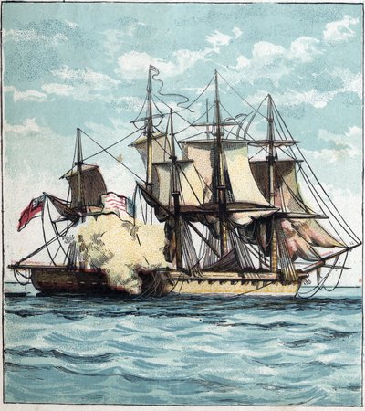 1812-es háború az Egyesült Államok és Nagy-Britannia között: a Chesapeake fregatt a „” Shannon” brit fregatt ellen vívott tengeri csatában 1813. június 1-én Boston mellett. "Chesapeake és Shannon" alkotó: English School