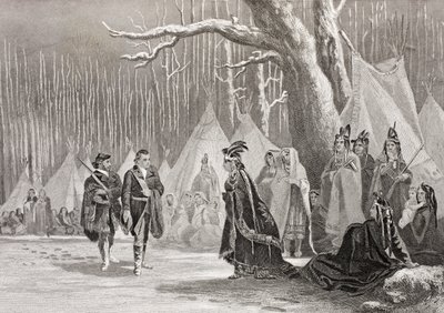 Washington és Gist meglátogatja Alliquippa indiai királynőt, az 1880 körül megjelent „Történelmi arcképek galériájából” alkotó: English School