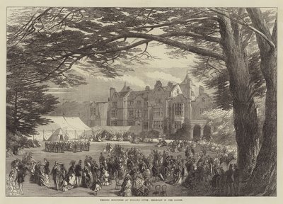 Esküvői mulatság a Holland Házban, reggeli a kertben (metszet) alkotó: English School