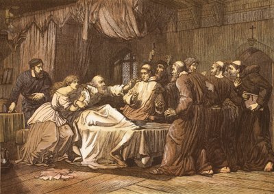 Wicliffe a halálos ágyán, a Friars megtámadta, T. Bolton vésette alkotó: English School