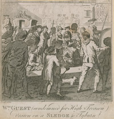 A hazaárulásért elítélt William Guest szánkón húzott Tyburnhez alkotó: English School
