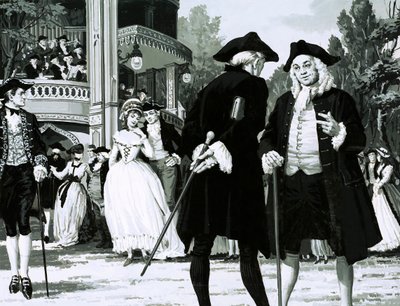 William Hogarth sétát tesz a Vauxhall Gardensben (guache papíron) alkotó: English School
