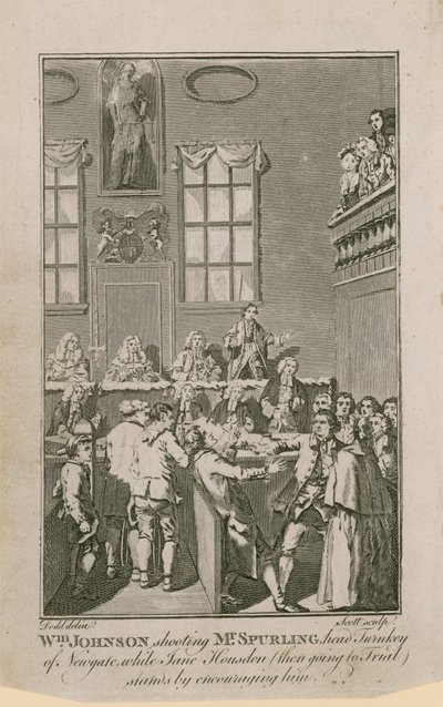 William Johnson lelövi Mr. Spurlinget, a Newgate Kulcsrakész fejét, míg Jane Housden (akkor bíróság elé áll) bátorítja őt. alkotó: English School