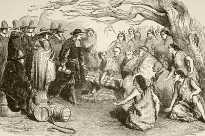 William Penn makes a treaty with the Delaware or Lenape Indians in 1682 (litho) alkotó: English School