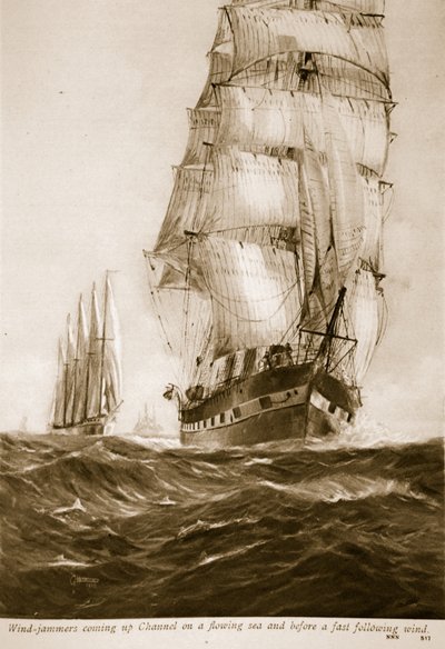 Szélzavarók jönnek fel a Csatornán egy folyó tengeren és egy gyors követő szél előtt, 1914-1919 alkotó: English School