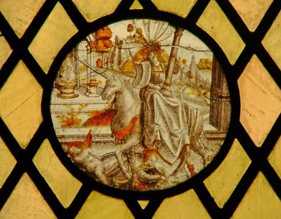 Fenster, ein Einhorn darstellend von English School