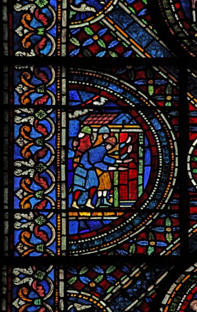 7-es ablak, amely St Thomas Becket életének jelenetét ábrázolja: lovagok Canterbury ajtajában alkotó: English School