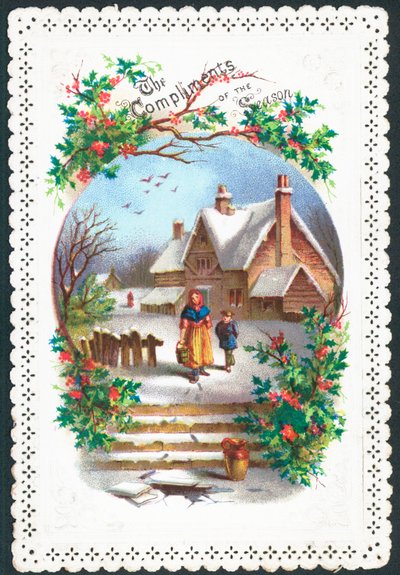 Nő és fiú séta a hóban, karácsonyi kártya alkotó: English School