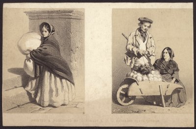 Utcai árus nő, aki talicska zöldségeket árul (litho) alkotó: English School