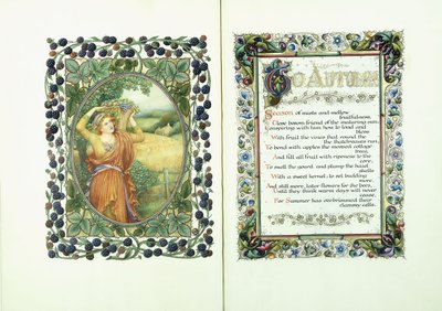 Nő a szüreti kosárral (verso) és megvilágított kézirattal „Őszig” versekkel (recto) és díszítő szegélyekkel alkotó: English School