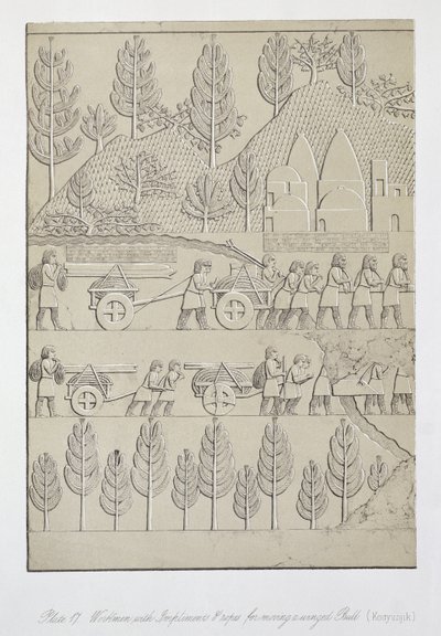 Munkások eszközökkel és kötelekkel egy szárnyas bika mozgatásához, 17-es tábla Ninivéből és maradványairól, Austen Henry Layard (1817-94) kiadta 1849 alkotó: English School