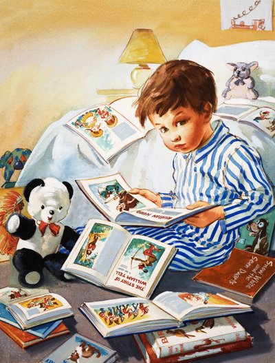 Fiatal fiú mesekönyveket olvas alkotó: English School