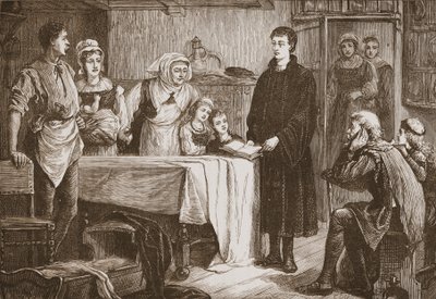 Az ifjú Kálvin a Bibliát magyarázza egy bourges-i családnak, illusztráció: James Aitken Wylie (1808-1890) A protestantizmus története című könyvéből, pub. 1878 alkotó: English School