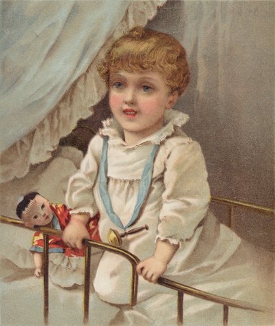Kisgyermek kiságyban (chromolitho) alkotó: English School