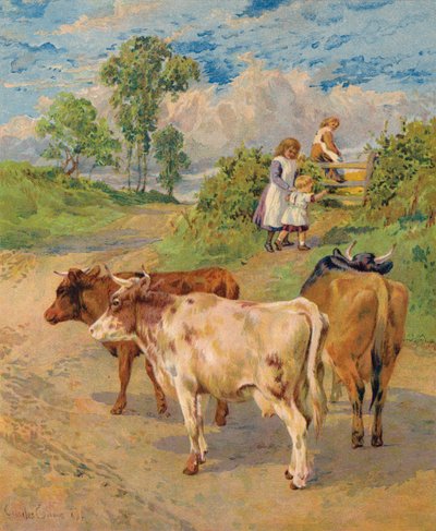 Kisgyermekek és szarvasmarha (színes litográfia) alkotó: English School
