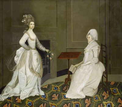 Két hölgy egy belső térben, az egyik olvas, a másik kezében virágfüzér alkotó: English School, 18th Century