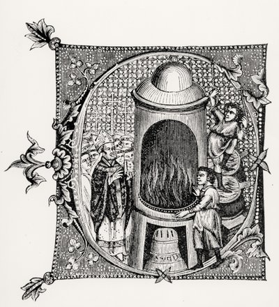 A Divinorum Officiorum kezdetű C betűje, William Durand, illusztrációja a Középkori és reneszánsz tudomány és irodalomból, Paul Lacroix írta és metszett, 1878 ( alkotó: English School English School