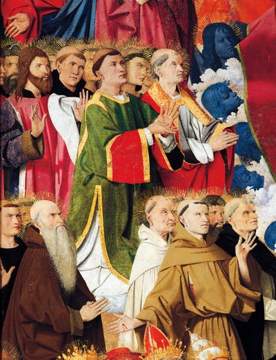 Vallásos rendek és papság, Enguerrand Quarton (kb. 1410-1466) Szűz oltárkoronázásának részlete, tempera a panelen alkotó: Enguerrand Quarton