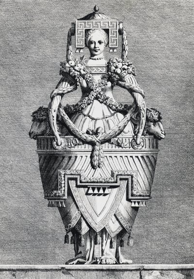 Antropomorf váza, görög menyasszony, Ennemond-Alexandre Petitot (1727-1801) metszete a Masquerade la Grecque-ből, Suite des Vases and Cheminees, Parma alkotó: Ennemond Alexandre (after) Petitot