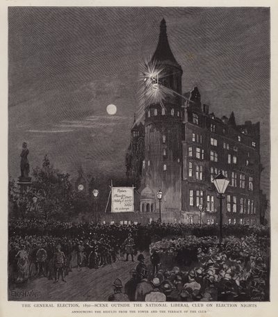 Az 1892-es általános választások eredményhirdetése a Liberális Klubtól, Westminster, London (litho) alkotó: Enoch Ward