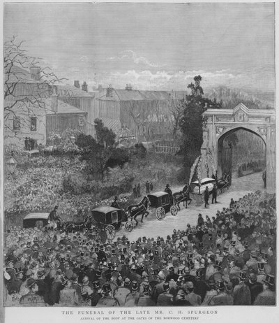 Temetési körmenet Charles Haddon Spurgeon angol baptista prédikátor holttestével, megérkezve a londoni Norwood temető kapujához alkotó: Enoch Ward