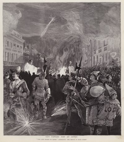 Guy Fawkes napi körmenet Lewesben, Sussexben, 1892. november 5. (litho) alkotó: Enoch Ward