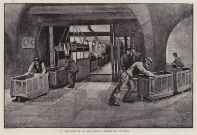 Üres szénszállító teherautók eltávolítása egy bányaakna aljáról (litho) alkotó: Enoch Ward