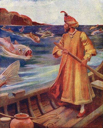 Szindbád látja a hatalmas halakat (színes litográfia) alkotó: Enoch Ward