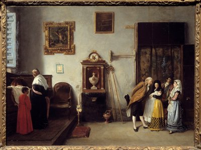 Relevailles-i mise Spanyolországban A pap jön, hogy áldást adjon az újszülöttre és a szülést elhagyó anyára. Don Enrique Melida y Alinari (1834-1892) festménye 1872 V. 0,52x0,73 m Bayonne, Musee Bonnat alkotó: Enrique Melida