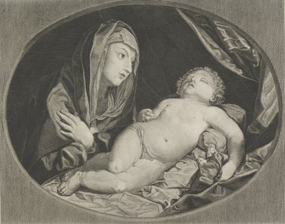 A Szűzanya keresztbe font karral a mellkasán, és az alvó csecsemő Krisztusra néz, in..., 1770-1834. alkotó: Ephraim Gottlieb Krüger