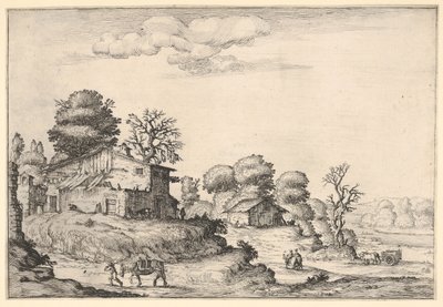 Táj parasztlakásokkal és egy lovat vezető férfival a bal előtérben, egy ..., 1638-ból. alkotó: Ercole Bazicaluva