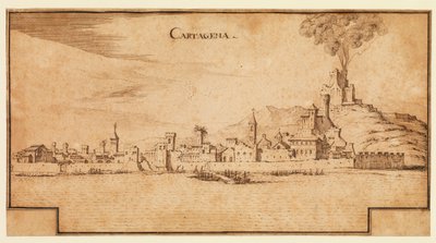 Kilátás Cartagenára, Spanyolországra, 1642 körül (toll és barna tinta fektetett papíron, alul lépcsőzetes barna tinta keretvonalak) alkotó: Ercole Frigoni Bazzicaluva