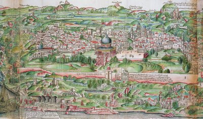 Jeruzsálem városának térképe Bernhard von Breydenbach (1440-97) „Zarándoklat a Szentföldön” című művéből alkotó: Erhard Reuwich