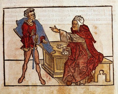 Tranzakció egy zsidó és egy kölcsöncápa között A „peregrinatio in terram sanctam” útikönyvből vett oldal Bernard de Breydenbach (Breidenbach) (1454-1497) szentföldi zarándoklata után Erhard Reuwich metszeteivel illusztrálva alkotó: Erhard Reuwich