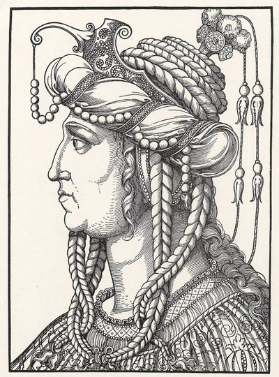 ""Roxelane szultána (Russelazie (a ruszin) vagy Hurrem (született: Anastasia Lisovska, 1500-1558 körül) a Csodálatos Szulejmán szultán feleségének portréja"" Erhard Schoen (1491-1592) fametszete, 153 körüli Gothagliches Múzeum alkotó: Erhard Schon