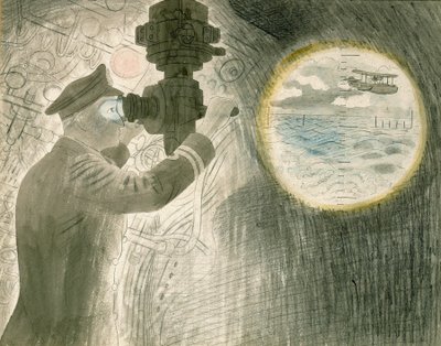 Egy tengeralattjáró (tengeralattjáró) tisztje a periszkópon keresztül nézi. Akvarell és ceruza, papír alkotó: Eric Ravilious