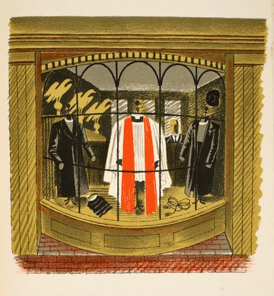 Clerical Outfitter, illusztráció a „High Street”-ből, J. M. Richards, nyomtatta a Curwen Press, pub. Országélet, 1938 alkotó: Eric Ravilious