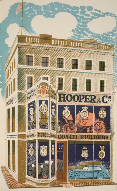 Autóbusz-építő, J. M. Richards „High Street” illusztrációja, a Curwen Press, pub. Országélet, 1938 alkotó: Eric Ravilious