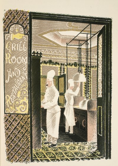 Étterem és grillszoba, J. M. Richards „High Street” illusztrációja, a Curwen Press kiadása, pub. Országélet, 1938 alkotó: Eric Ravilious