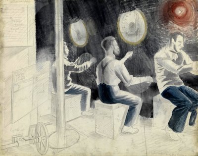 A búvárirányító terem, a tengeralattjáró merülése közben. Eric Ravilious (1903-1942) ceruzasorozata, a második világháború alatt (1939-1945) egy tengeralattjáróra szállt. alkotó: Eric Ravilious
