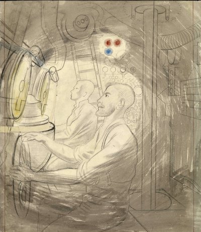 Egy tengeralattjáró merülésirányító helyisége. Eric Ravilious (1903-1942) ceruzasorozata, egy tengeralattjáró fedélzetén a második világháború alatt (1939-1945). alkotó: Eric Ravilious