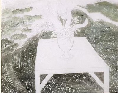 Váza virágokkal a kertben (ceruza és akvarell papíron) alkotó: Eric Ravilious
